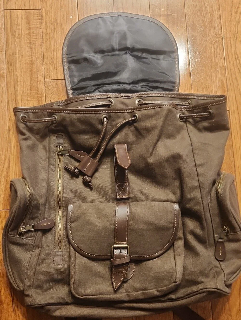 Men's Dark Brown Cotton Canvas Backpack with Brown Leather Trim